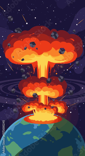 A fiery asteroid heading towards Earth, creating a dramatic and dangerous scenario. The visual represents an impending disaster from space.