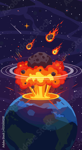 A fiery asteroid heading towards Earth, creating a dramatic and dangerous scenario. The visual represents an impending disaster from space.