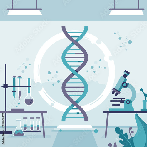 A scientific lab with a focus on DNA research, featuring a double helix model, laboratory equipment, and microscopes. The image emphasizes biotechnological exploration and scientific study.