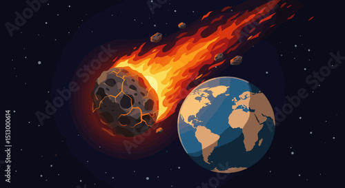 A fiery asteroid heading towards Earth, creating a dramatic and dangerous scenario. The visual represents an impending disaster from space.