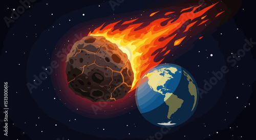 A fiery asteroid heading towards Earth, creating a dramatic and dangerous scenario. The visual represents an impending disaster from space.