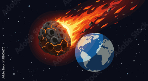 A fiery asteroid heading towards Earth, creating a dramatic and dangerous scenario. The visual represents an impending disaster from space.