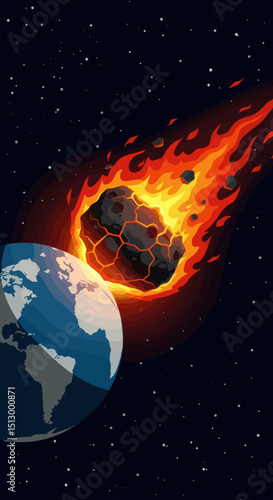 A fiery asteroid heading towards Earth, creating a dramatic and dangerous scenario. The visual represents an impending disaster from space.