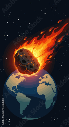 A fiery asteroid heading towards Earth, creating a dramatic and dangerous scenario. The visual represents an impending disaster from space.