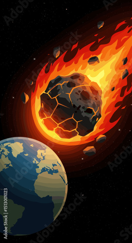 A fiery asteroid heading towards Earth, creating a dramatic and dangerous scenario. The visual represents an impending disaster from space.