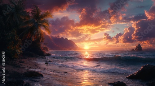 Majestic oceanic sunset painted with vibrant hues reflecting paradise dreams