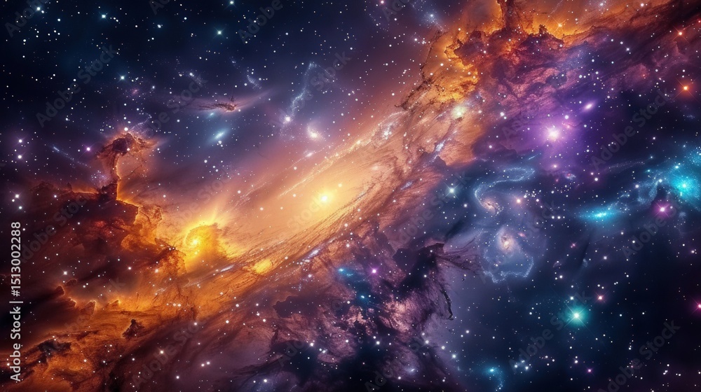 Naklejka premium Vivid cosmic scenery, showcasing a colorful nebula with a multitude of brilliant stars scattered all around.