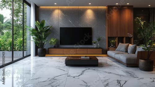 Modern living room interior design with polished marble flooring.