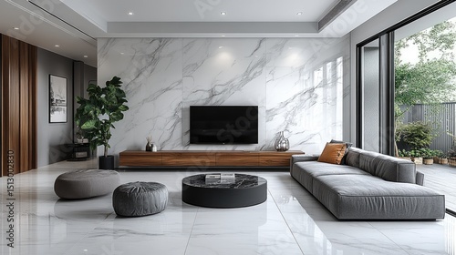 Modern living room interior design with marble accent wall.