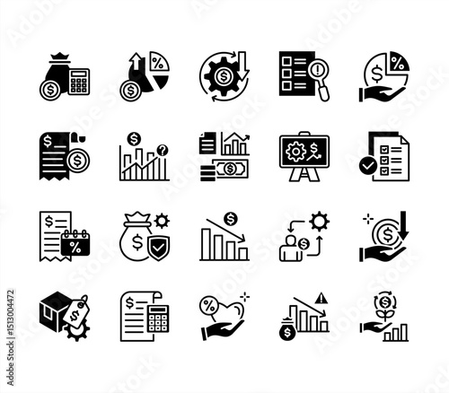 Financial projection icon collection set. Containing budget, forecast, revenue, expense, profit, loss, cashflow, investment, depreciation icon. Simplel flat vector illustration.