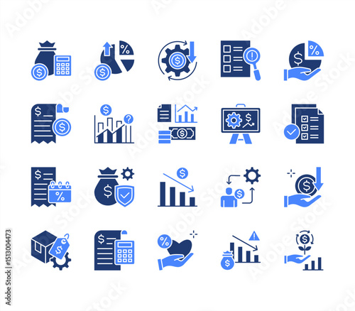 Financial projection icon collection set. Containing budget, forecast, revenue, expense, profit, loss, cashflow, investment, depreciation icon. Simplel flat vector illustration.