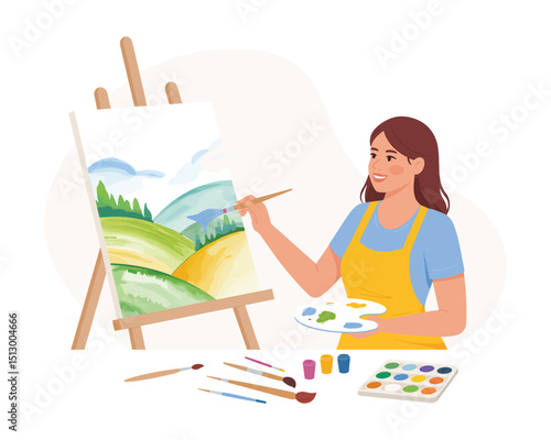 a young women paint using easel, canvas, brushes and watercolor,  flat vector illustration