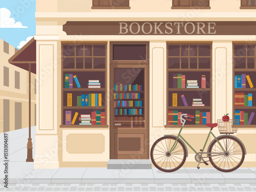 vector illustration of european book shop showcase with lots of books with bicycle outside