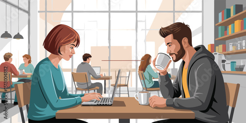 young people dinning and working in modern coffeehouse, people using laptop, flat vector illustration 