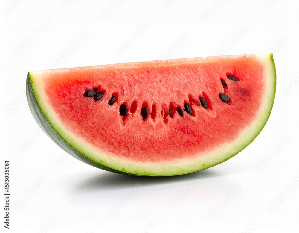 A perfectly cut juicy watermelon slice with clear seeds isolated on white background A perfectly cut juicy watermelon slice with clear seeds isolated on white background