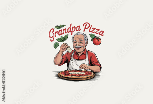 hand drawn vintage grandpa makes pizza logo design 