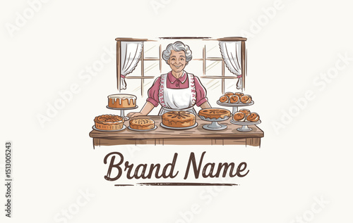 Vintage Bakery Illustration Happy Baker with Delicious Cakes and Pastries
