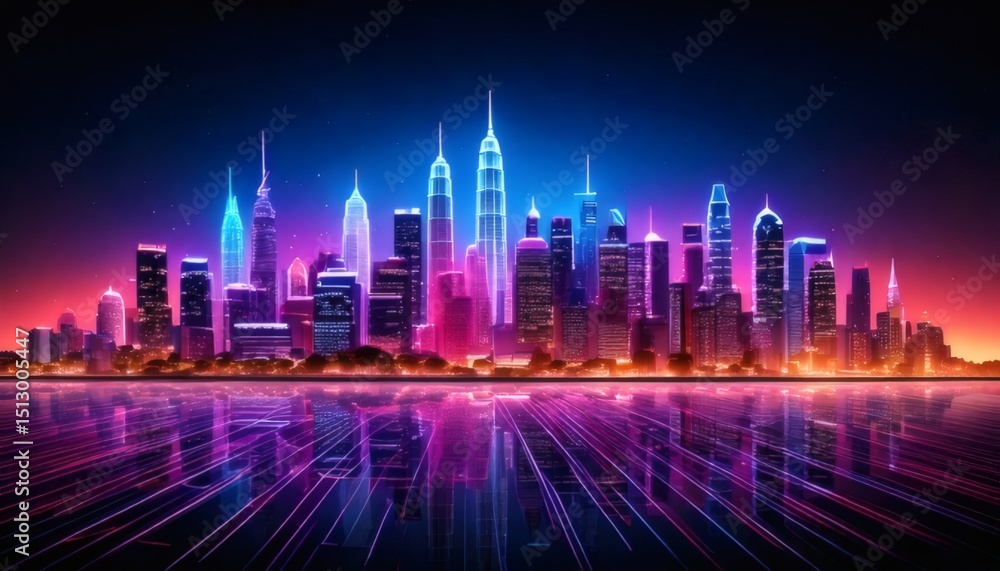 Fototapeta premium Neon City Skyline Silhouette Urban Futurism and Electric Nighttime Aesthetic