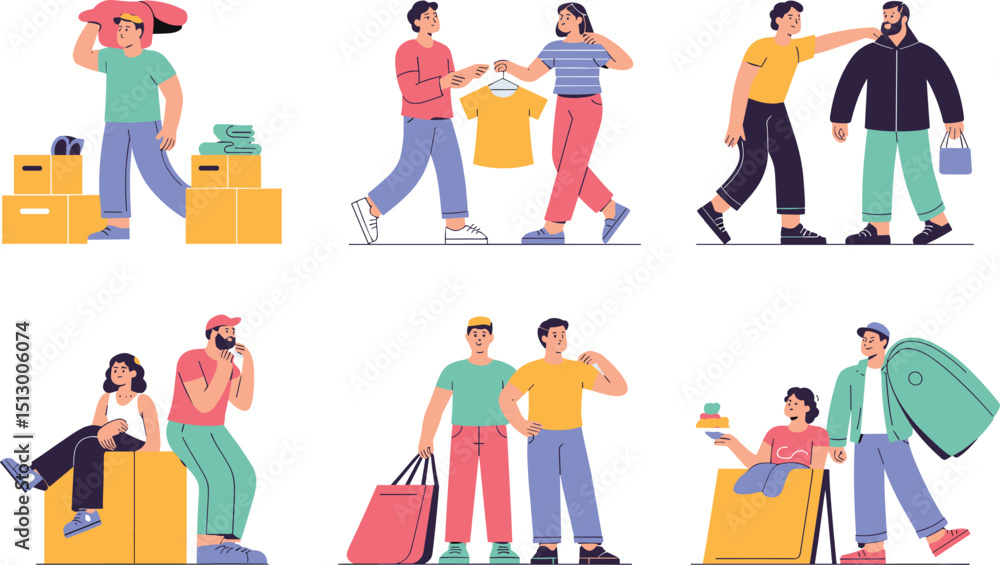 Obraz premium Young people moving, packing, shopping, and helping friends with boxes, bags, and clothes – lifestyle and teamwork concept in flat cartoon style vector illustration