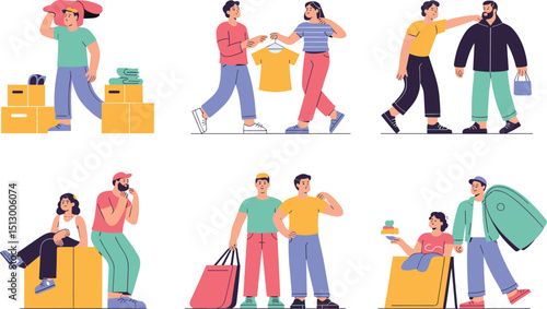Young people moving, packing, shopping, and helping friends with boxes, bags, and clothes – lifestyle and teamwork concept in flat cartoon style vector illustration