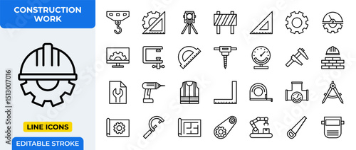 Construction Work and Engineering Line Icons Set - Building Tools, Safety, and Blueprint Outline Vector Editable Stroke