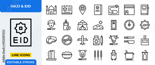 Hajj and Eid Al-Adha Line Icons Set - Islamic Pilgrimage, Sacrifice, and Celebration Outline Vector Editable Stroke