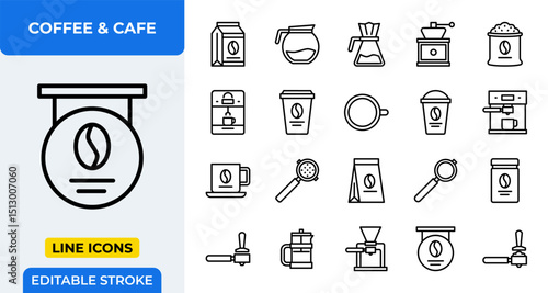Coffee and Cafe Line Icons Set - Coffee Beans, Machine, Cup, and Brewing Tools Outline Vector for Cafe Menu and Barista Editable Stroke