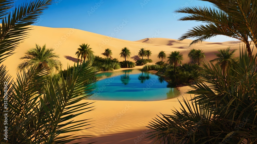 Fototapeta premium First person camera angle , Oasis blue water and forest in the desert.