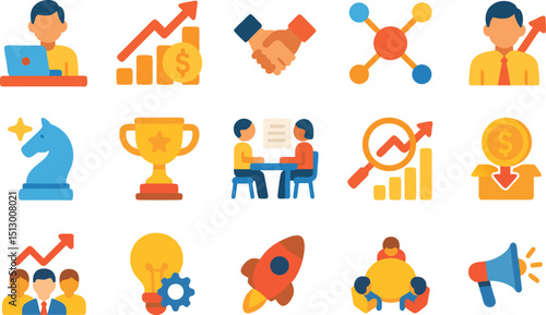 A professional set of Business & Startup Vector Icons in a Flat Style. Perfect for business presentations, startup pitch decks, websites, apps, and infographics.