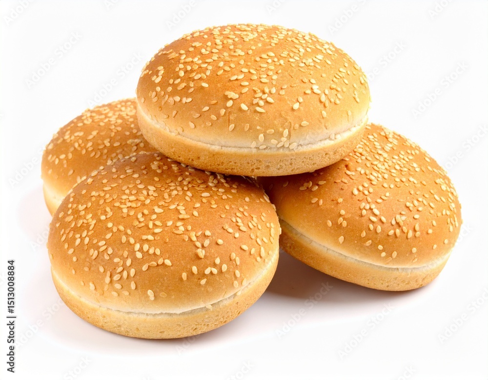 Stack of golden sesame seed-topped burger buns isolated on white background Stack of golden sesame seed-topped burger buns isolated on white background