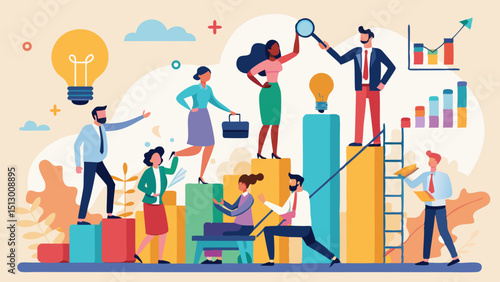 Diverse team members climbing bar chart to success goal