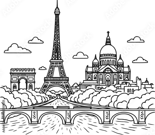 Paris cityscape line art illustration, featuring iconic landmarks such as the Eiffel Tower, Arc de Triomphe, Notre-Dame Cathedral, and Sacré-Cœur Basilica