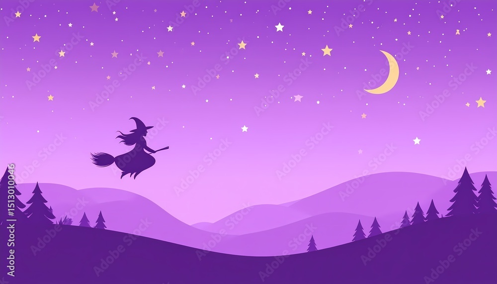 Obraz premium A witch flying on a broomstick across a starry night sky over the hills. Perfect for Halloween background.