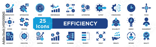 Efficiency icon collection set. Containing productivity,optimization,speed,performance,workflow,automation,output,streamlining,time,focus icon. Solid vector icons collection,.