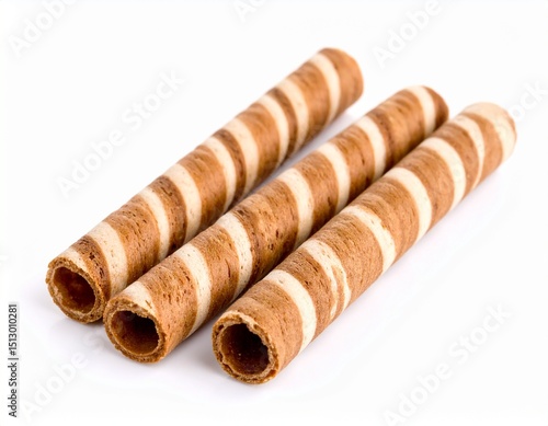 Three brown striped wafer rolls isolated on white background 