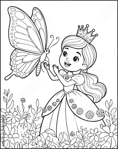 Cute princess girl wearing beautiful dress and playing with a butterfly vector line art coloring page for kids 