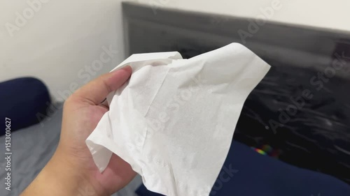 Hand Holding Tissue Near Surface. Close-up of a hand holding a tissue or paper near a surface; hygiene, cleaning, or sample-handling concept.