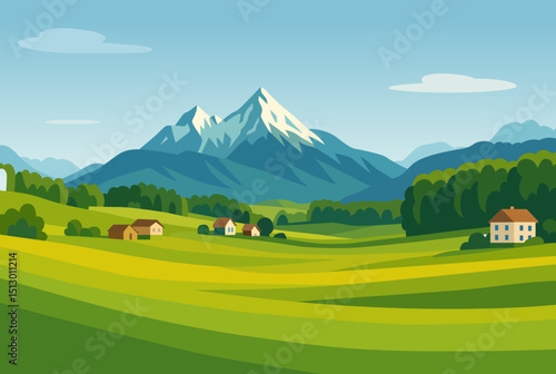 idyllic mountain landscape alps blooming meadows springtime illustration clipart