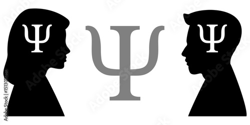 Psychology concept vector showing male and female profiles with psi symbol. Ideal for mental health, therapy, psychological research, human mind analysis, and educational illustration.
