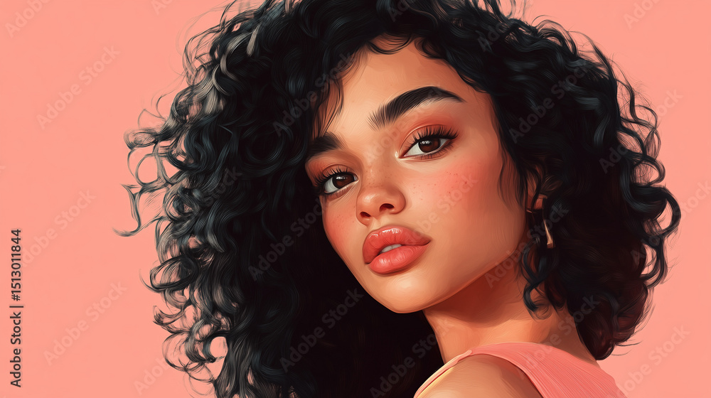Fototapeta premium Stylized Portrait of a Woman with Curly Hair – Digital Art with Soft Lighting & Pastel Aesthetic