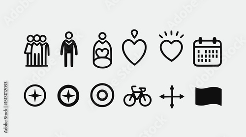 Basic UI Icon Set - Location, Heart, User, Bike, Target Vector Pack