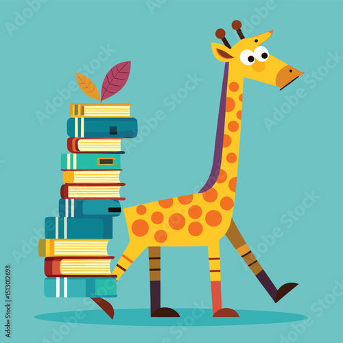 Giraffe with books stacked on head, walking to library, cute long-neck style, cartoon vector