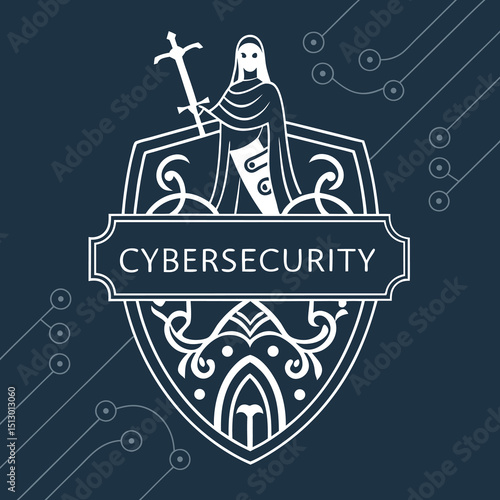 Cybersecurity Company Gothic Badge Vector Design with Subtle Digital Lines and Shield  