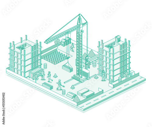 Construction site with crane, builders and skyscraper. Process of building a multi-storey building. Illustration in outline style. Isometric view of a monolithic frame building.