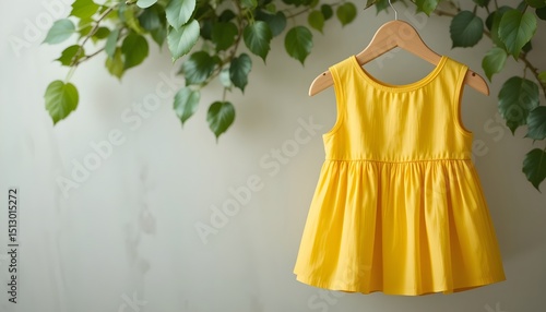 Yellow Pleated Child's Dress Hanging on Wooden Hanger with Green Leaves