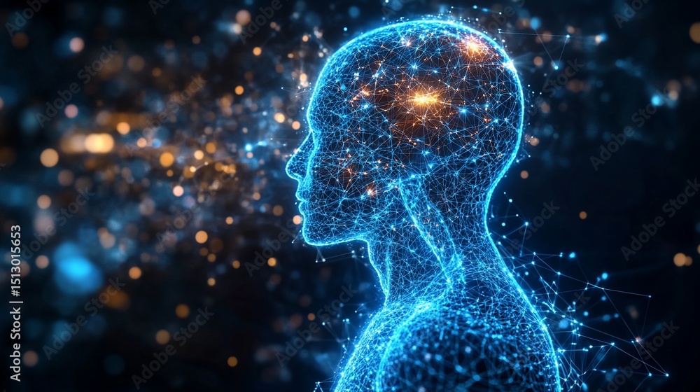 Naklejka premium A glowing blue interconnected network forms the shape of a human head and body