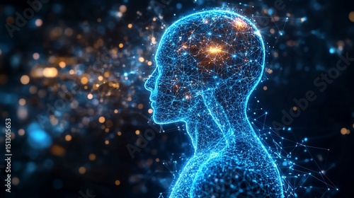 A glowing blue interconnected network forms the shape of a human head and body