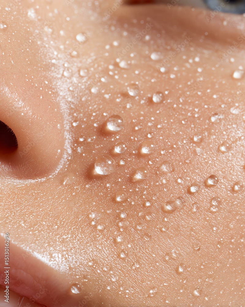 Fototapeta premium Advanced anti-aging cream for reducing wrinkles Close-up of a woman's face with glistening water droplets, showcasing natural beauty and skin texture.