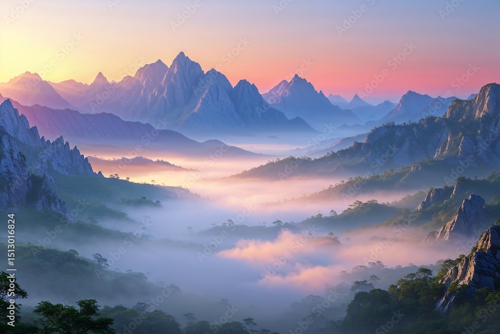 Obraz premium Misty Mountain Majesty A Sunrise Panorama