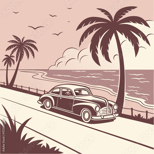Seaside Town Travel Vector Illustration with Muted Colors and Classic Typography Elements  